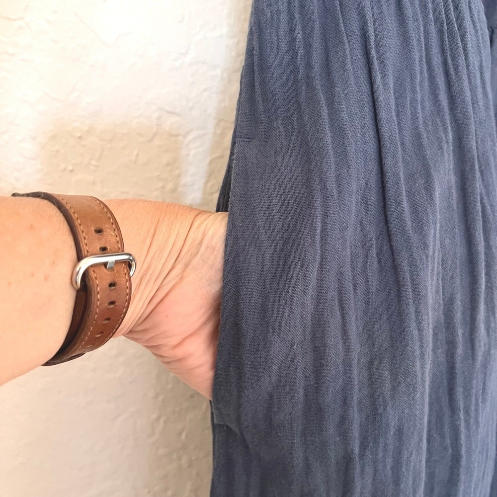 Pact Organic Cotton Gauze Tiered Midi Dress Blue V-Neck Pockets Comfy size Large - Picture 3 of 8